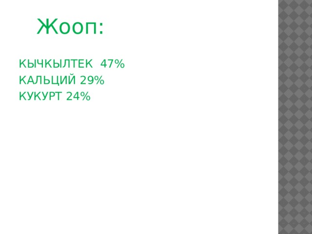 Жооп: КЫЧКЫЛТЕК 47% КАЛЬЦИЙ 29% КУКУРТ 24% 