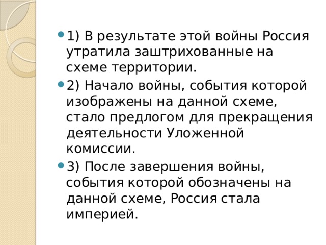 1) В результате этой войны Россия утратила заштрихованные на схеме территории. 2) Начало войны, события которой изображены на данной схеме, стало предлогом для прекращения деятельности Уложенной комиссии. 3) После завершения войны, события которой обозначены на данной схеме, Россия стала империей. 