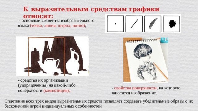 К выразительным средствам графики относят:  - основные элементы изобразительного языка (точка, линия, штрих, пятно) ; - средства их организации (упорядочения) на какой-либо поверхности (композиция);  - свойства поверхности , на которую наносится изображение. Сплетение всех трех видов выразительных средств позволяет создавать убедительные образы с их бесконечной игрой индивидуальных особенностей 