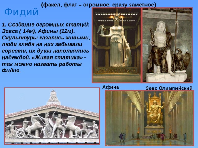 (факел, флаг – огромное, сразу заметное) Фидий 1. Создание огромных статуй: Зевса ( 14м), Афины (12м). Скульптуры казались живыми, люди глядя на них забывали горести, их души наполнялись надеждой. «Живая статика» - так можно назвать работы Фидия.  Афина Зевс Олимпийский 