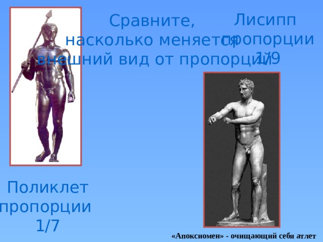 Лисипп пропорции 1/9 Сравните, насколько меняется внешний вид от пропорций Поликлет пропорции 1/7 «Апоксиомен» - очищающий себя атлет 