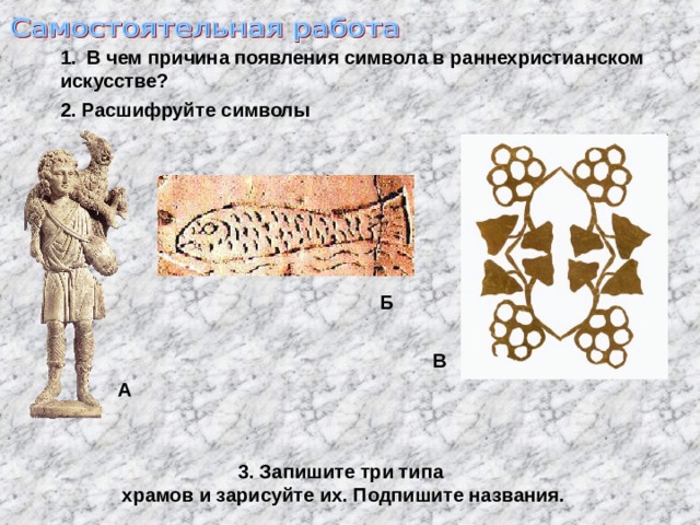 В чем причина появления символа в раннехристианском искусстве? 2. Расшифруйте символы Б В А 3. Запишите три типа  храмов и зарисуйте их. Подпишите названия. 