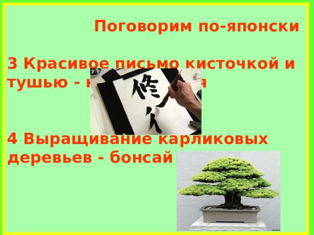  Поговорим по-японски  3 Красивое письмо кисточкой и тушью - каллиграфия    4 Выращивание карликовых деревьев - бонсай     
