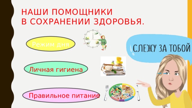 Наши помощники  в сохранении здоровья. Режим дня Личная гигиена Правильное питание 