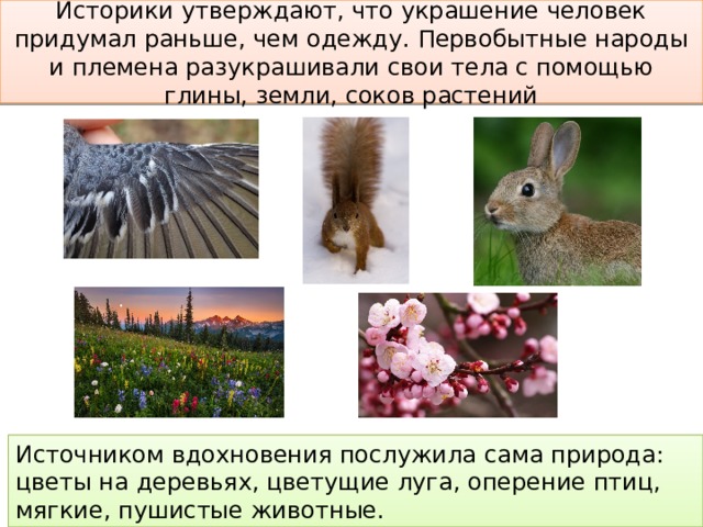 Историки утверждают, что украшение человек придумал раньше, чем одежду. Первобытные народы и племена разукрашивали свои тела с помощью глины, земли, соков растений Источником вдохновения послужила сама природа: цветы на деревьях, цветущие луга, оперение птиц, мягкие, пушистые животные. 