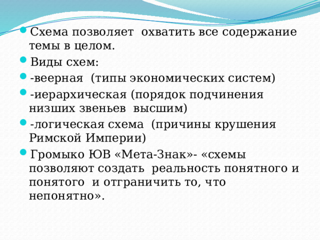 Схема позволяет охватить все содержание темы в целом. Виды схем: -веерная (типы экономических систем) -иерархическая (порядок подчинения низших звеньев высшим) -логическая схема (причины крушения Римской Империи) Громыко ЮВ «Мета-Знак»- «схемы позволяют создать реальность понятного и понятого и отграничить то, что непонятно». 