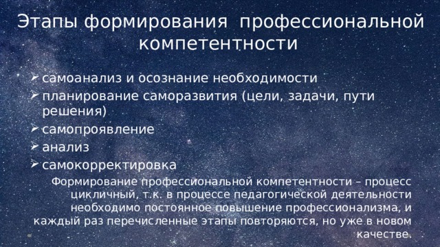 Этапы формирования профессиональной компетентности самоанализ и осознание необходимости планирование саморазвития (цели, задачи, пути решения) самопроявление анализ самокорректировка Формирование профессиональной компетентности – процесс цикличный, т.к. в процессе педагогической деятельности необходимо постоянное повышение профессионализма, и каждый раз перечисленные этапы повторяются, но уже в новом качестве.  