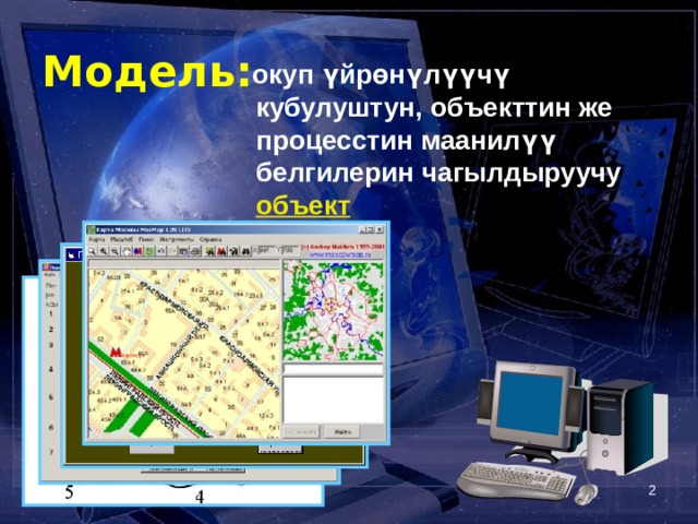 Модель:  окуп үйрөнүлүүчү кубулуштун, объекттин же процесстин маанилүү белгилерин чагылдыруучу объект  