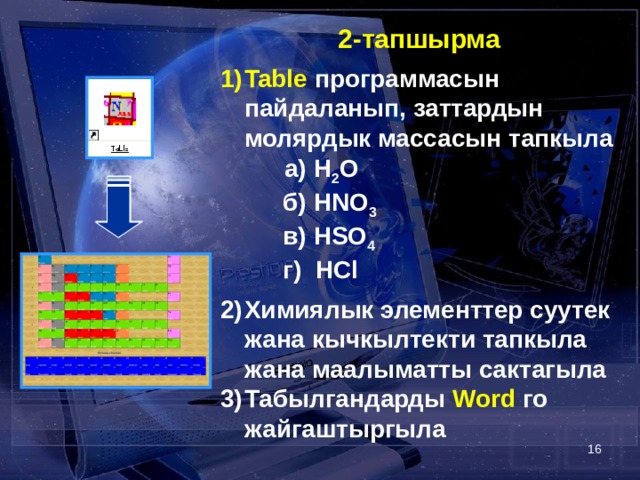 2 -тапшырма  Table программасын пайдаланып, заттардын молярдык массасын тапкыла   а) H 2 O   б) HNO 3   в) HSO 4   г) HCl  Химиялык элементтер суутек жана кычкылтекти тапкыла жана маалыматты сактагыла Табылгандарды Word  го жайгаштыргыла   