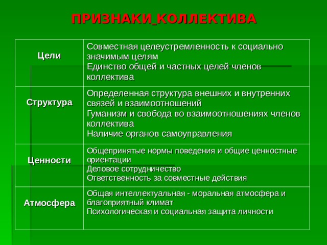 ПРИЗНАКИ  КОЛЛЕКТИВА  Цели Совместная целеустремленность к социально значимым целям Единство общей и частных целей членов коллектива  Структура Определенная структура внешних и внутренних связей и взаимоотношений Гуманизм и свобода во взаимоотношениях членов коллектива Наличие органов самоуправления  Ценности Общепринятые нормы поведения и общие ценностные ориентации Деловое сотрудничество Ответственность за совместные действия  Атмосфера Общая интеллектуальная - моральная атмосфера и благоприятный климат Психологическая и социальная защита личности 