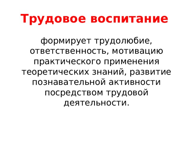 Трудовое воспитание формирует трудолюбие, ответственность, мотивацию практического применения теоретических знаний, развитие познавательной активности посредством трудовой деятельности. 