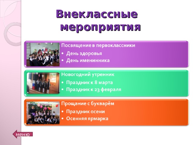Внеклассные мероприятия Указание списка проведенных мероприятий и расположение фотографий (ссылок на них или видеофайлы). меню  