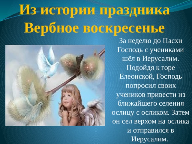Из истории праздника Вербное воскресенье   За неделю до Пасхи Господь с учениками шёл в Иерусалим. Подойдя к горе Елеонской, Господь попросил своих учеников привести из ближайшего селения ослицу с осликом. Затем он сел верхом на ослика и отправился в Иерусалим. 