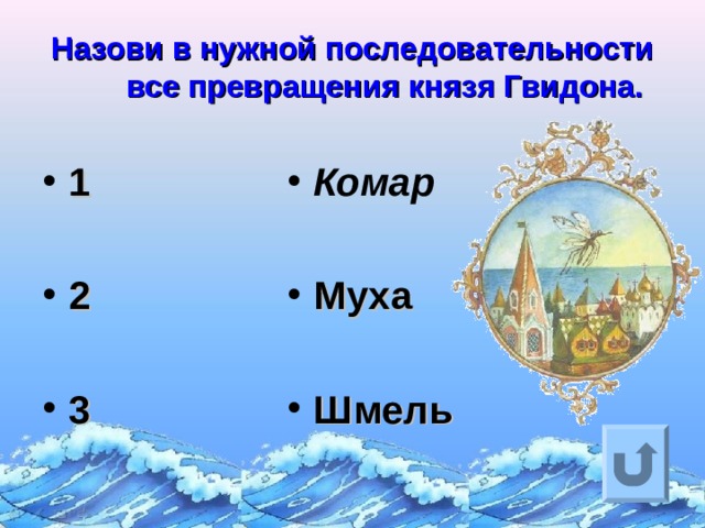Назови в нужной последовательности все превращения князя Гвидона. 1  2  3 Комар  Муха  Шмель Ответ на вопрос выходит по щелчку. Управляющая кнопка – возврат на слайд с номинациями  