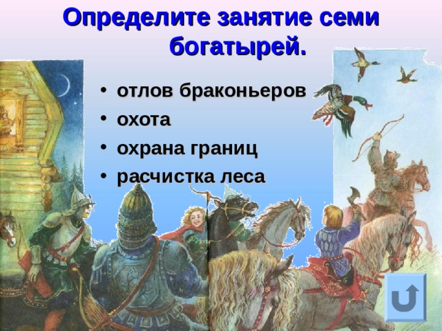 Определите занятие семи богатырей.   отлов браконьеров охота охрана границ расчистка леса Ответ на вопрос выходит по щелчку. Управляющая кнопка – возврат на слайд с номинациями  