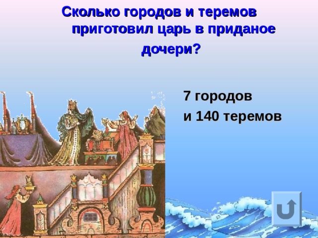 Сколько городов и теремов приготовил царь в приданое дочери?  7 городов и 140 теремов Ответ на вопрос выходит по щелчку. Управляющая кнопка – возврат на слайд с номинациями  