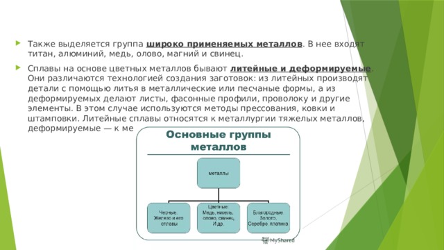 Также выделяется группа широко применяемых металлов . В нее входят титан, алюминий, медь, олово, магний и свинец. Сплавы на основе цветных металлов бывают литейные и деформируемые . Они различаются технологией создания заготовок: из литейных производят детали с помощью литья в металлические или песчаные формы, а из деформируемых делают листы, фасонные профили, проволоку и другие элементы. В этом случае используются методы прессования, ковки и штамповки. Литейные сплавы относятся к металлургии тяжелых металлов, деформируемые — к металлургии легких металлов. 