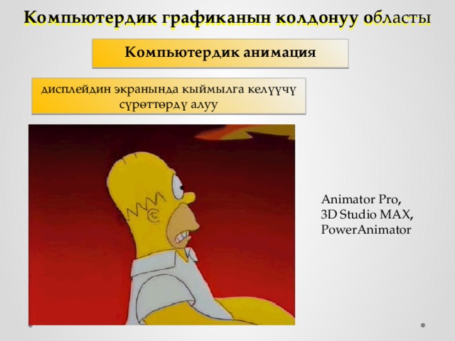 Компьютердик графиканын колдонуу о бласты Компьютердик анимация дисплейдин экранында кыймылга келүүчү сүрөттөрдү алуу Animator Pro , 3D Studio MAX , PowerAnimator 