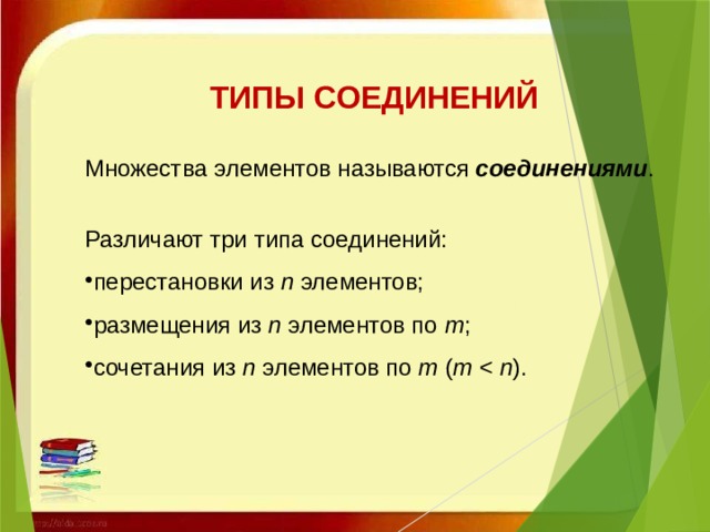Типы соединений  Множества элементов называются  соединениями . Различают три типа соединений: перестановки из  n  элементов; размещения из  n  элементов по  m ; сочетания из  n  элементов по  m  ( m  n ).     