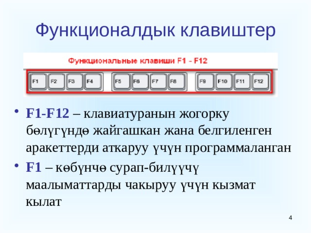 Функционалдык клавиштер F1-F12 – клавиатуранын жогорку бөлүгүндө жайгашкан жана белгиленген аракеттерди аткаруу үчүн программаланган F1 – көбүнчө сурап-билүүчү маалыматтарды чакыруу үчүн кызмат кылат  