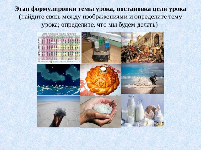 Этап формулировки темы урока, постановка цели урока (найдите связь между изображениями и определите тему урока; определите, что мы будем делать)   