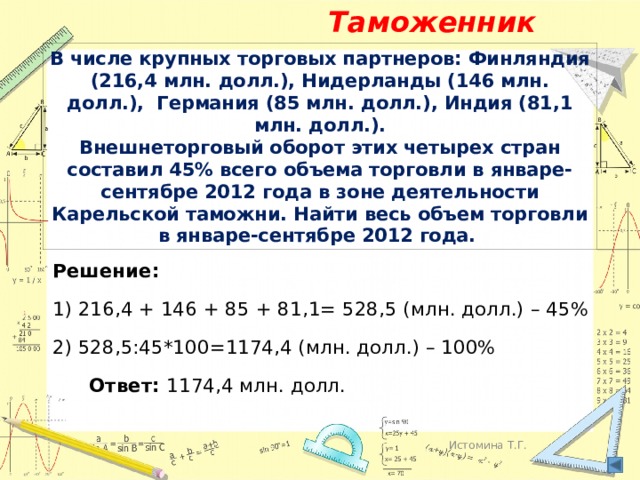 Таможенник В числе крупных торговых партнеров: Финляндия (216,4 млн. долл.), Нидерланды (146 млн. долл.), Германия (85 млн. долл.), Индия (81,1 млн. долл.).  Внешнеторговый оборот этих четырех стран составил 45% всего объема торговли в январе-сентябре 2012 года в зоне деятельности Карельской таможни. Найти весь объем торговли в январе-сентябре 2012 года.   Решение: 1) 216,4 + 146 + 85 + 81,1= 528,5 (млн. долл.) – 45% 2) 528,5:45*100=1174,4 (млн. долл.) – 100%  Ответ: 1174,4 млн. долл. Истомина Т.Г. 