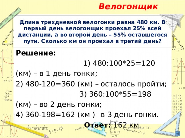 Велогонщик Длина трехдневной велогонки равна 480 км. В первый день велогонщик проехал 25% всей дистанции, а во второй день – 55% оставшегося пути. Сколько км он проехал в третий день? Решение: 1) 480:100*25=120 (км) – в 1 день гонки; 2) 480-120=360 (км) – осталось пройти; 3) 360:100*55=198 (км) – во 2 день гонки; 4) 360-198=162 (км )– в 3 день гонки. Ответ: 162 км. Истомина Т.Г. 
