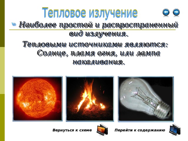 Наиболее простой и распространенный вид излучения. Тепловыми источниками являются: Солнце, пламя огня, или лампа накаливания. Вернуться к схеме  Перейти к содержанию   
