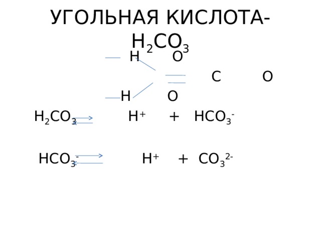 УГОЛЬНАЯ КИСЛОТА- H 2 CO 3  H O  C O  H O  H 2 CO 3 H + + HCO 3 -  HCO 3 - H + + CO 3 2- 
