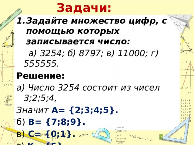 Задачи: Задайте множество цифр, с помощью которых записывается число:  а) 3254; б) 8797; в) 11000; г) 555555. Решение: а) Число 3254 состоит из чисел 3;2;5;4, Значит А= {2;3;4;5}. б) В= {7;8;9}. в) С= {0;1}. г) К= {5}.   6 