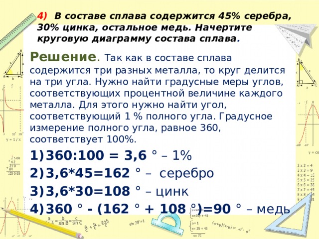 4) В составе сплава содержится 45% серебра, 30% цинка, остальное медь. Начертите круговую диаграмму состава сплава . Решение . Так как в составе сплава содержится три разных металла, то круг делится на три угла. Нужно найти градусные меры углов, соответствующих процентной величине каждого металла. Для этого нужно найти угол, соответствующий 1 % полного угла. Градусное измерение полного угла, равное 360, соответствует 100%. 360:100 = 3,6 ° – 1% 3,6*45=162 ° – серебро 3,6*30=108 ° – цинк 360 ° - (162 ° + 108 ° )=90 °  – медь 