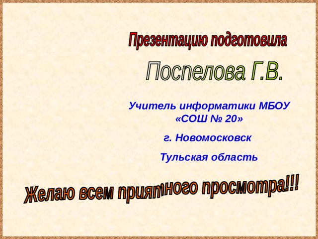 Учитель информатики МБОУ «СОШ № 20 » г. Новомосковск Тульская область 