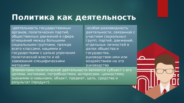 Политика как деятельность -деятельность государственных органов, политических партий, общественных движений в сфере отношений между большими социальными группами, прежде всего классами, нациями и государствами с целью упрочения политической власти и её завоевания специфическими методами -особая разновидность деятельности, связанная с участием социальных групп, партий, движений, отдельных личностей в делах общества и государства, руководством ими или воздействием на это руководство Элементами политической деятельности являются субъект с его целями, мотивами, потребностями, интересами, ценностями, знаниями и навыками, объект, предмет, цель, средства и результат (продукт). 