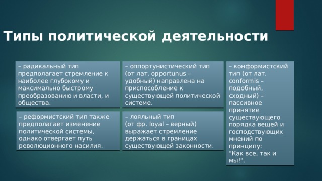 Типы политической деятельности – радикальный тип предполагает стремление к наиболее глубокому и максимально быстрому преобразованию и власти, и общества. – оппортунистический тип (от лат. opportunus – удобный) направлена на приспособление к существующей политической системе. – конформистский тип (от лат. conformis – подобный, сходный) – пассивное принятие существующего порядка вещей и господствующих мнений по принципу: 