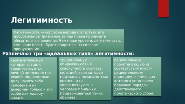 Легитимность Легитимность — согласие народа с властью, его добровольное признание за ней права принимать обязательные решения. Чем ниже уровень легитимности, тем чаще власть будет опираться на силовое принуждение. Различают три «идеальных типа» легитимности: традиционную, опирающуюся на совокупность обычаев, сила действия которых признана с незапамятных времен, и на укоренившуюся в человеке привычку придерживаться таких обычаев; рациональную, проистекающую из соответствия власти рациональному принципу, с помощью которого установлен правовой порядок действующего политического строя. харизматическую, которая всецело характеризуется личной преданностью людей, подвластных делу какого-либо человека и их доверием только к его особе как лидеру-вождю; 
