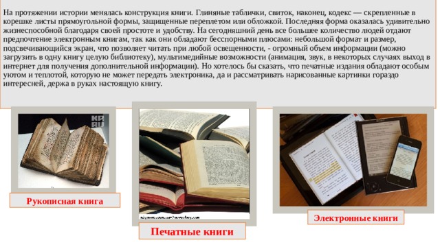 На протяжении истории менялась конструкция книги. Глиняные таблички, свиток, наконец, кодекс — скрепленные в корешке листы прямоугольной формы, защищенные переплетом или обложкой. Последняя форма оказалась удивительно жизнеспособной благодаря своей простоте и удобству. На сегодняшний день все большее количество людей отдают предпочтение электронным книгам, так как они обладают бесспорными плюсами: небольшой формат и размер, подсвечивающийся экран, что позволяет читать при любой освещенности, - огромный объем информации (можно загрузить в одну книгу целую библиотеку), мультимедийные возможности (анимация, звук, в некоторых случаях выход в интернет для получения дополнительной информации). Но хотелось бы сказать, что печатные издания обладают особым уютом и теплотой, которую не может передать электроника, да и рассматривать нарисованные картинки гораздо интересней, держа в руках настоящую книгу. Рукописная книга Электронные книги Печатные книги 