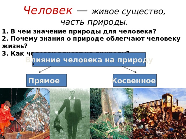 Человек — живое существо, часть природы. 1. В чем значение природы для человека? 2. Почему знания о природе облегчают человеку жизнь? 3. Как человек влияет на природу? Влияние человека на природу Прямое Косвенное 