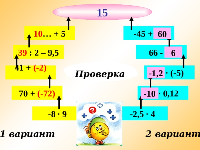 15 -45 + … 10 … + 5 60 66 - … 39 : 2 – 9,5 6 Лесенка … · (-5) 41 + (-2) Проверка  -1,2 … · 0,12 70 + (-72) -10 -8 · 9 -2,5 · 4 2 вариант 1 вариант 