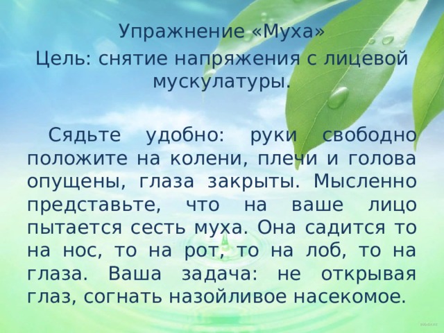 Упражнение «Муха» Цель: снятие напряжения с лицевой мускулатуры.  Сядьте удобно: руки свободно положите на колени, плечи и голова опущены, глаза закрыты. Мысленно представьте, что на ваше лицо пытается сесть муха. Она садится то на нос, то на рот, то на лоб, то на глаза. Ваша задача: не открывая глаз, согнать назойливое насекомое. 