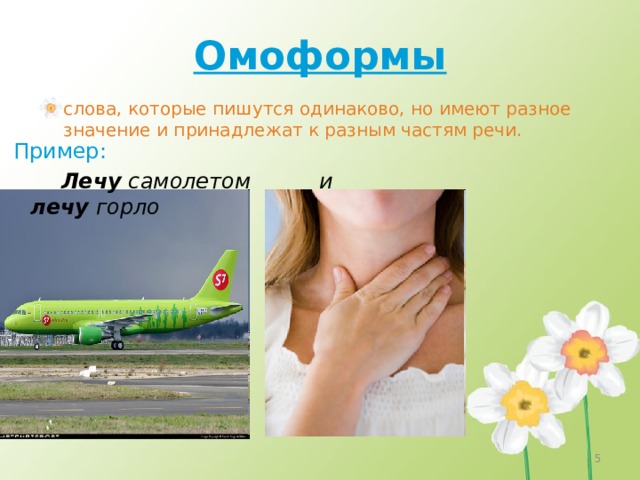 Омоформы слова, которые пишутся одинаково, но имеют разное значение и принадлежат к разным частям речи.  Пример:  Лечу самолетом и лечу горло  4 
