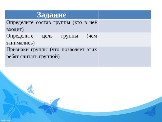Задание Определите состав группы (кто в неё входит) Определите цель группы (чем занимались) Признаки группы (что позволяет этих ребят считать группой)