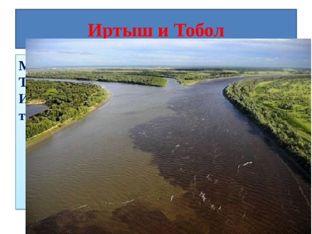 Иртыш и Тобол Место слияния рек Иртыш и Тобол около Тобольска, Тюменская обл., Россия. Иртыш — светлый, мутный, Тобол — тёмный, прозрачный.  
