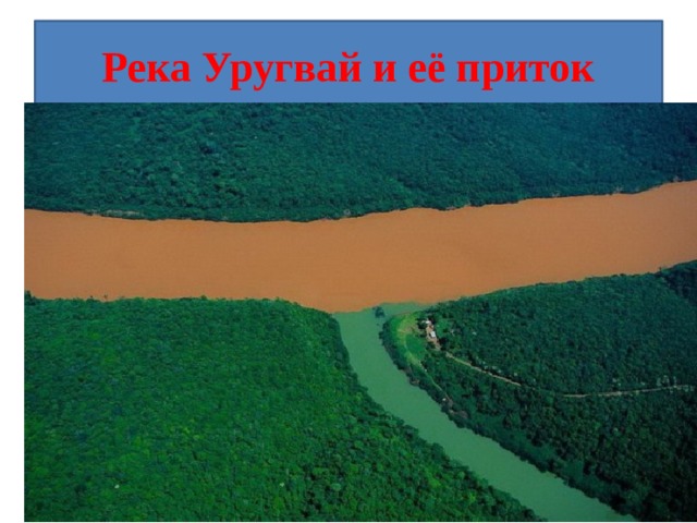 Река Уругвай и её приток Место слияния реки Уругвай и ее притока в провинции Мисьонес, Аргентина. Одна из них очищается для нужд сельского хозяйства, другая в сезон дождей становится почти красной от глины.  