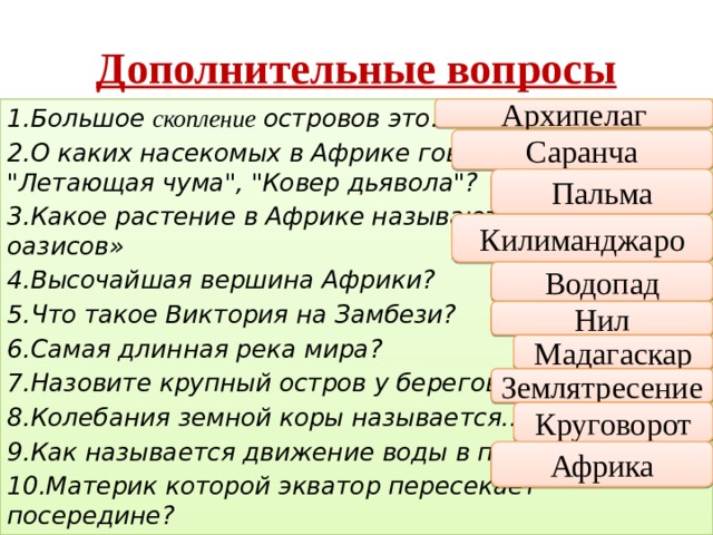 Дополнительные вопросы Архипелаг 1.Большое скопление островов это…. 2.О каких насекомых в Африке говорят 
