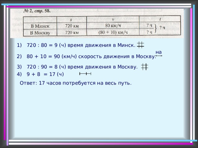 1)  720 : 80 = 9 (ч) время движения в Минск. на 2)  80 + 10 = 90 (км/ч) скорость движения в Москву. 3)  720 : 90 = 8 (ч) время движения в Москву. 4)  9 + 8 = 17 (ч) Ответ: 17 часов потребуется на весь путь. 