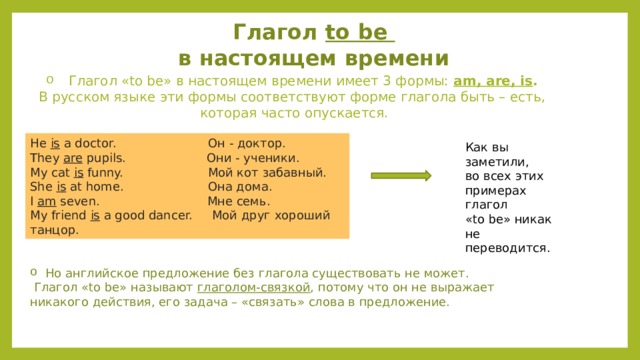 Глагол to be в настоящем времени  Глагол «to be» в настоящем времени имеет 3 формы: am, are, is . В русском языке эти формы соответствуют форме глагола быть – есть, которая часто опускается. He is a doctor. Он - доктор. They are pupils. Они - ученики. My cat is funny. Мой кот забавный. She is at home. Она дома. I am seven. Мне семь. My friend is a good dancer. Мой друг хороший танцор. Как вы заметили, во всех этих примерах глагол «to be» никак не переводится. Но английское предложение без глагола существовать не может.  Глагол «to be» называют глаголом-связкой , потому что он не выражает никакого действия, его задача – «связать» слова в предложение. 