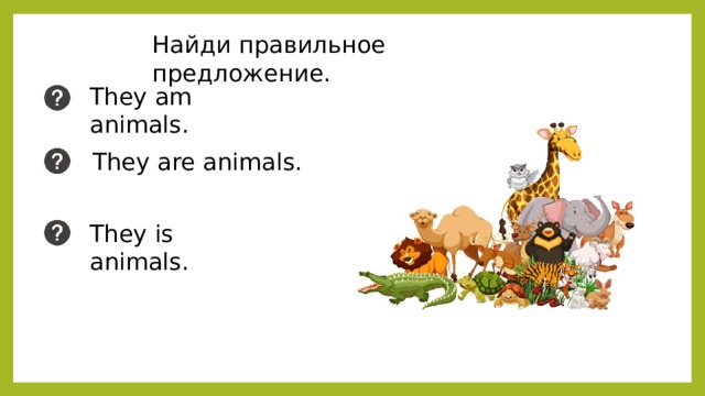 Найди правильное предложение. They am animals. They are animals. They is animals. 