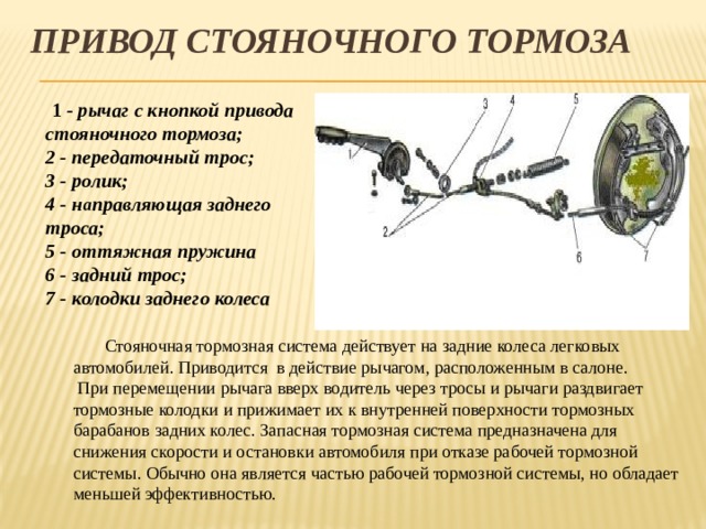Привод стояночного тормоза  1 - рычаг с кнопкой привода стояночного тормоза; 2 - передаточный трос; 3 - ролик; 4 - н а правляющая заднего троса; 5 - оттяжная пружина 6 - задний трос; 7 - колодки заднего колеса  Стояночная тормозная система действует на задние колеса легковых автомобилей. Приводится в действие рычагом, расположенным в салоне.  При перемещении рычага вверх водитель через тросы и рычаги раздвигает тормозные колодки и прижимает их к внутренней поверхности тормозных барабанов задних колес. Запасная тормозная система предназначена для снижения скорости и остановки автомобиля при отказе рабочей тормозной системы. Обычно она является частью рабочей тормозной системы, но обладает меньшей эффективностью.   