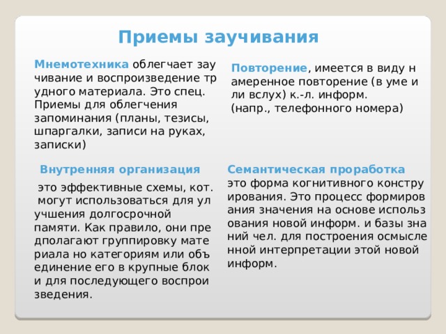 Приемы заучивания Мнемотехника  облегчает заучивание и воспроизведение трудного материала. Это спец. Приемы для облегчения запоминания (планы, тезисы, шпаргалки, записи на руках, записки) Повторение , имеется в виду намеренное повторение (в уме или вслух) к.-л. информ. (напр., телефонного номера)  Внутренняя организация  Семантическая проработка   это форма когнитивного конструирования. Это процесс формирования значения на основе использования новой информ. и базы знаний чел. для построения осмысленной интерпретации этой новой информ.   это эффективные схемы, кот. могут использоваться для улучшения долгосрочной памяти. Как правило, они предполагают группировку материала но категориям или объединение его в крупные блоки для последующего воспроизведения.  