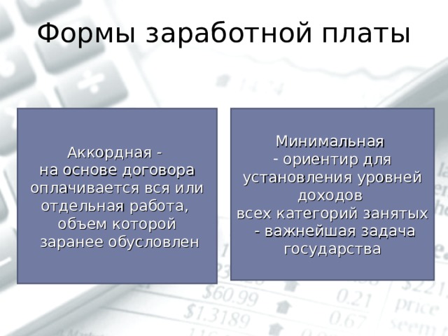 Формы заработной платы Минимальная Аккордная - на основе договора оплачивается вся или отдельная работа, объем которой  заранее обусловлен  ориентир для установления уровней доходов всех категорий занятых  - важнейшая задача государства 